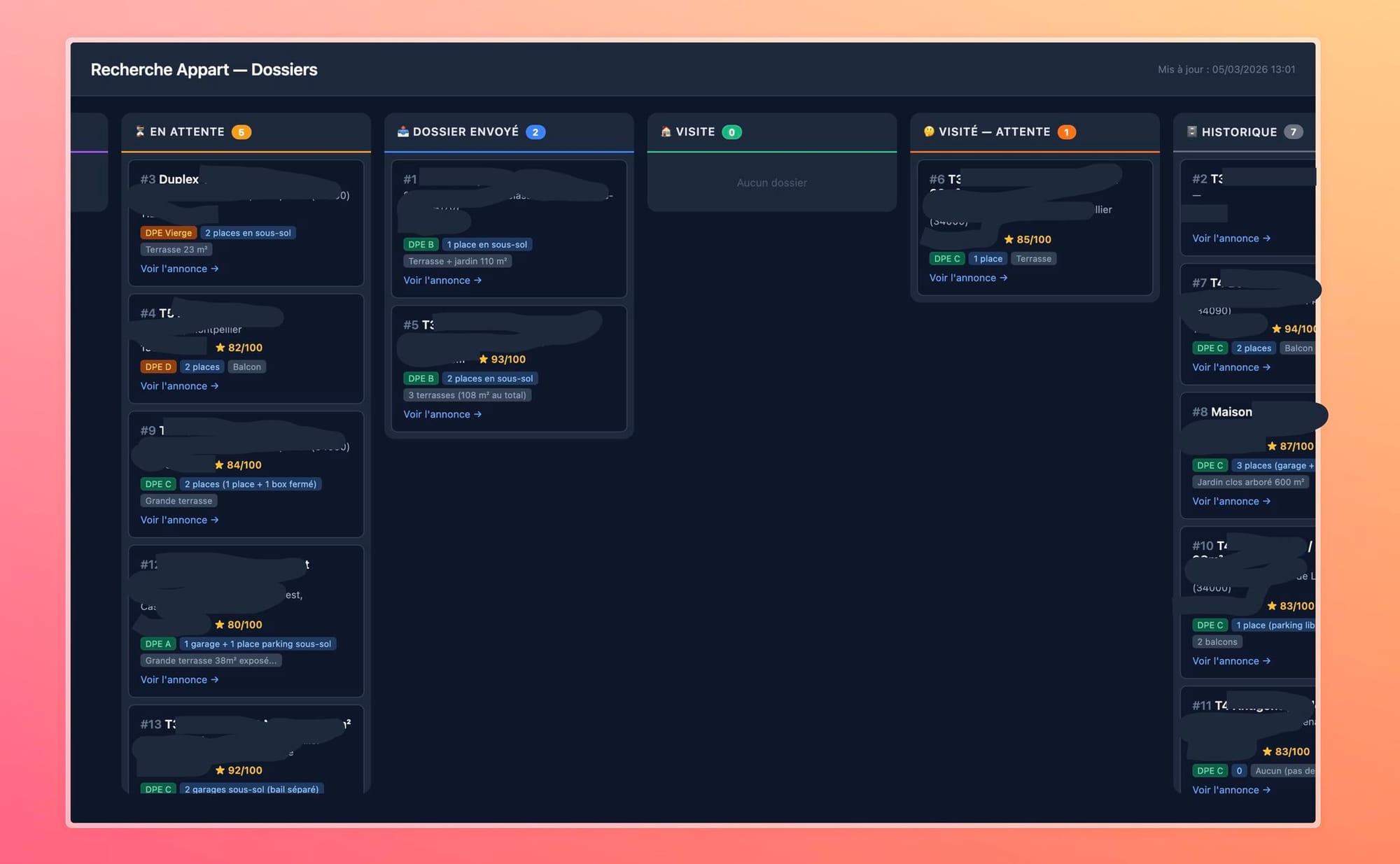 Dashboard Kanban de suivi des dossiers de location, organisé en colonnes par statut de candidature