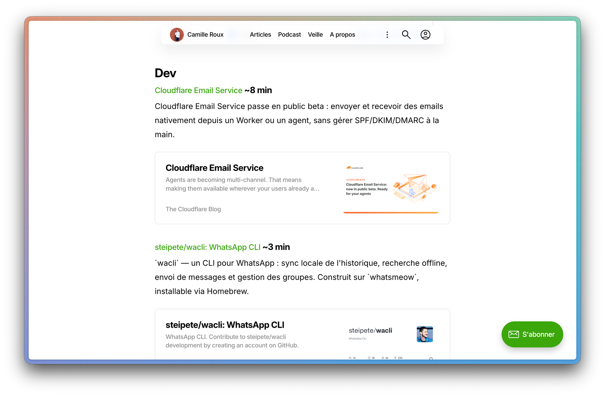 Capture d'écran de la newsletter de veille technologique de Camille Roux — extrait d'une édition récente couvrant dev, IA et open source