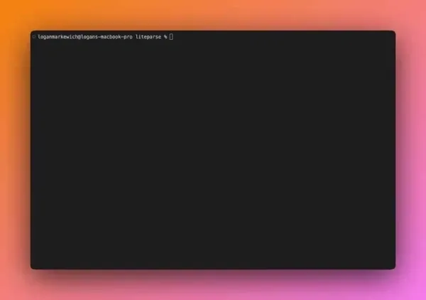 Terminal de commande affichant l'installation de la bibliothèque Python "liteparse" via pip, sur fond dégradé orange et rose.