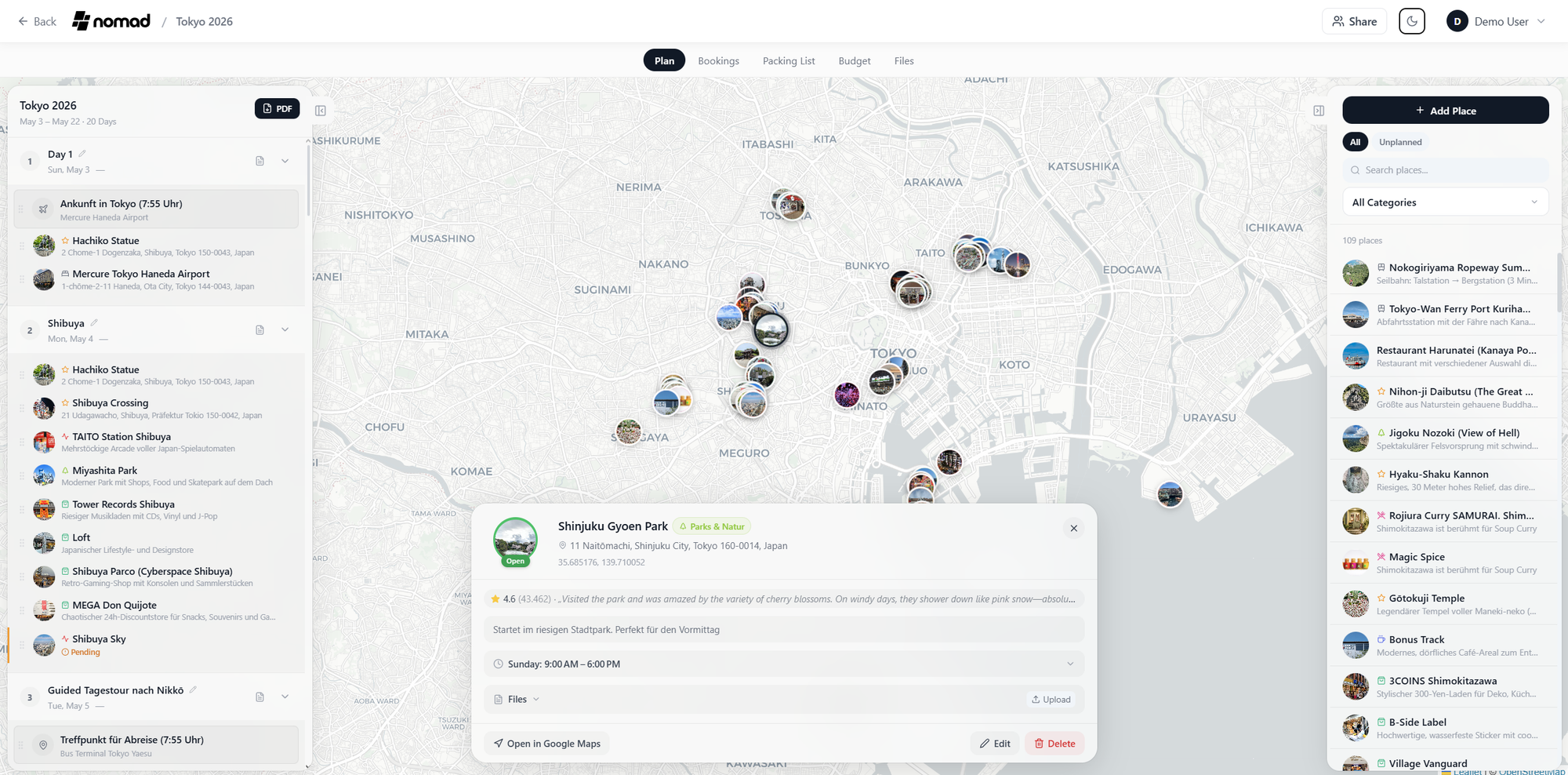 Interface du planificateur de voyage self-hosted TREK montrant une carte interactive et un itinéraire collaboratif.