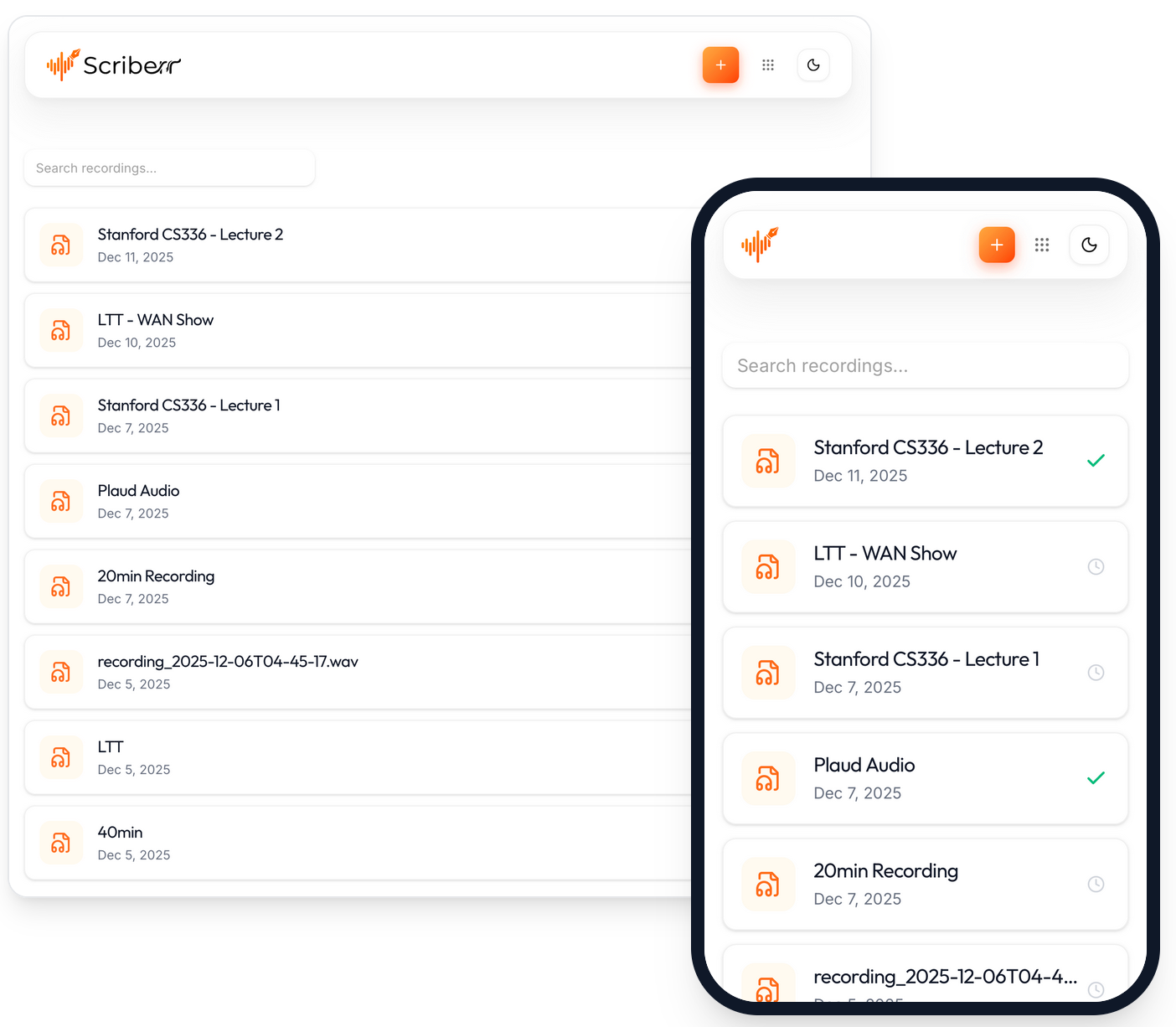 Interface de l'application Scriberr montrant une liste d'enregistrements audio datés, incluant des cours Stanford CS336 et divers fichiers audio, affichée en version desktop et mobile côte à côte.