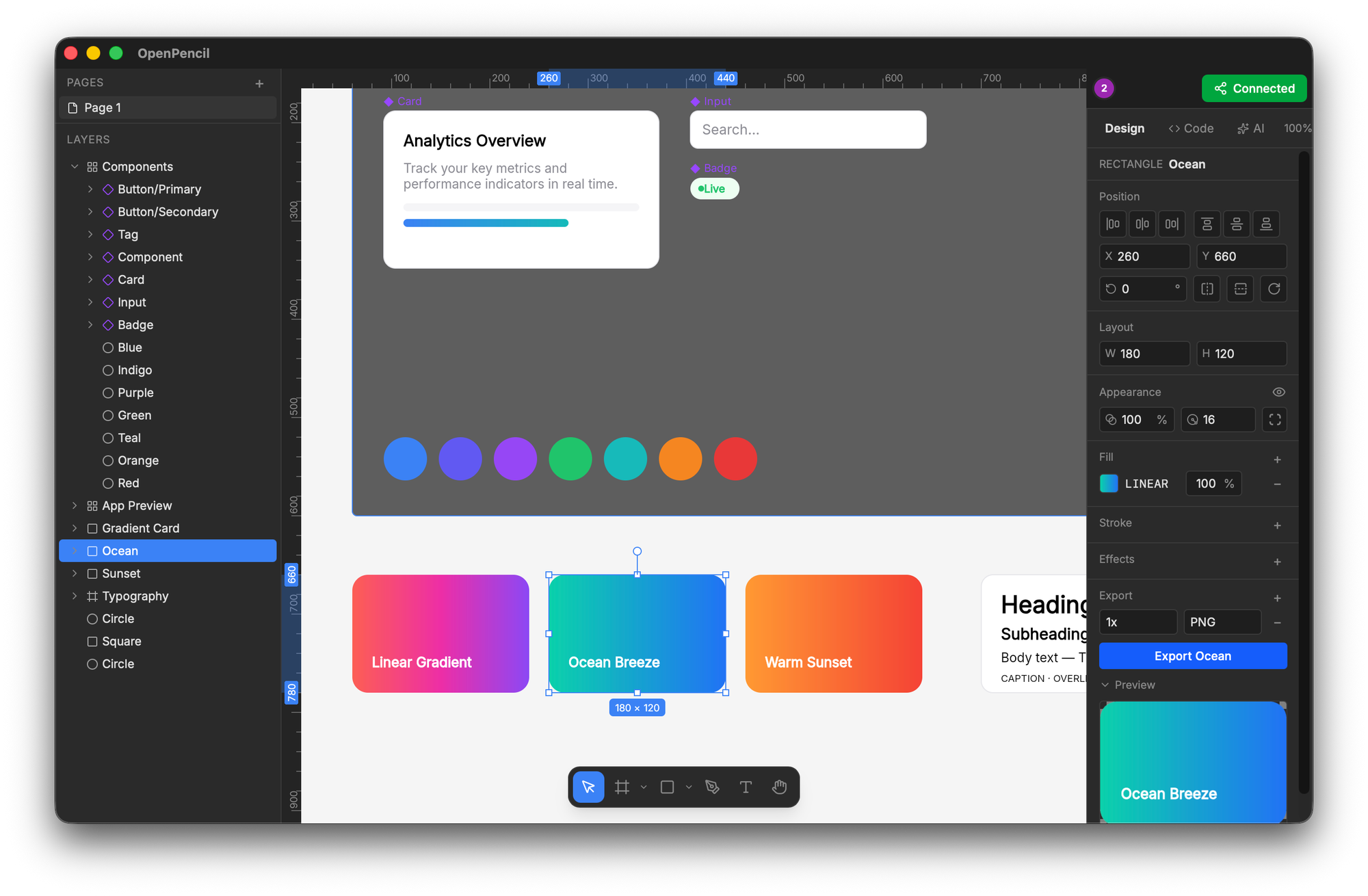 Interface de conception d'OpenPencil montrant un éditeur de design avec des dégradés de couleurs personnalisables (Linear Gradient, Ocean Breeze, Warm Sunset) et un panneau de contrôle latéral pour l'exportation et les paramètres.