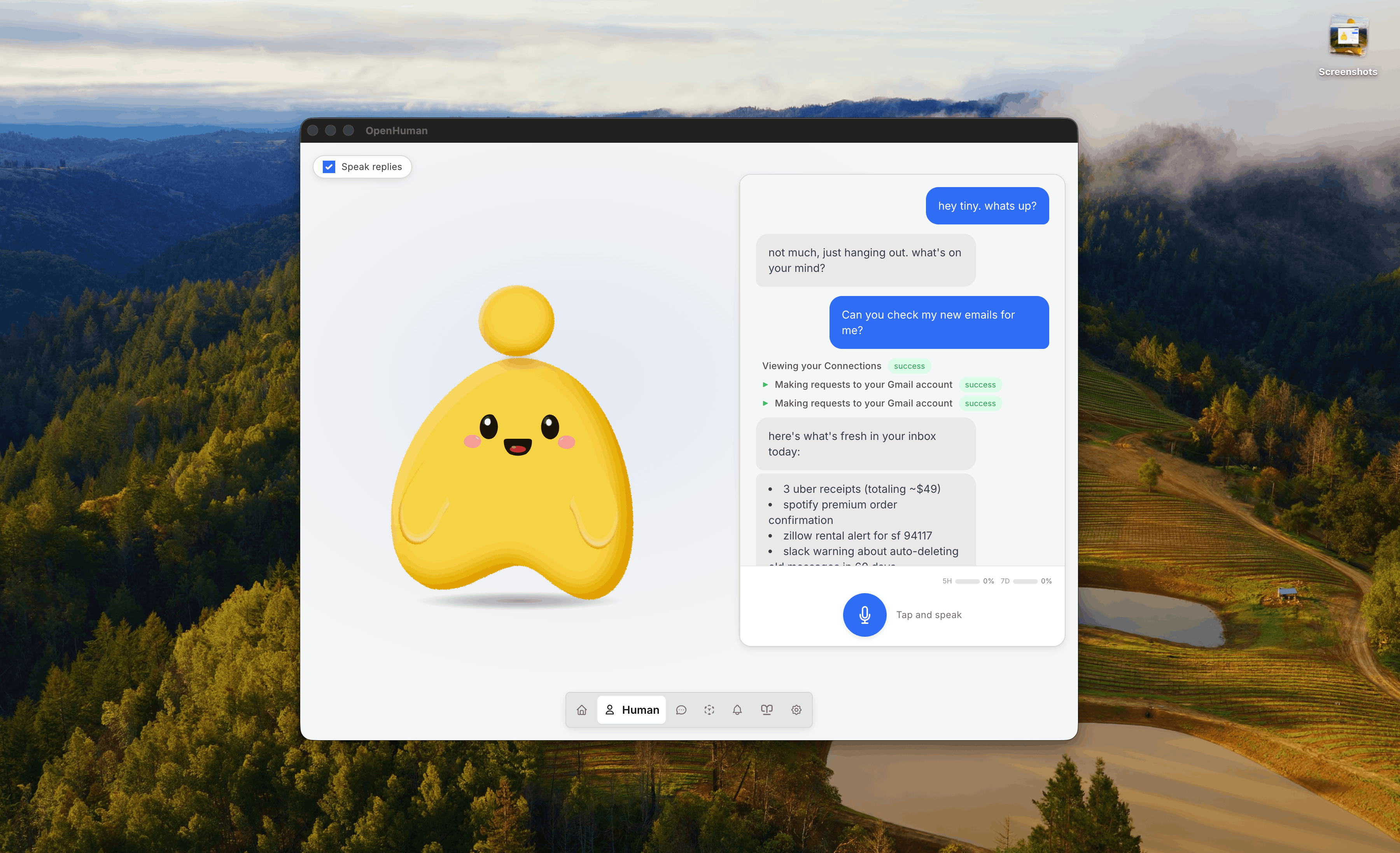 Capture d'écran de l'application OpenHuman sur macOS, montrant un assistant IA personnifié par un personnage jaune kawaii, en train de lire les emails Gmail d'un utilisateur et d'en afficher un résumé dans une interface de chat.