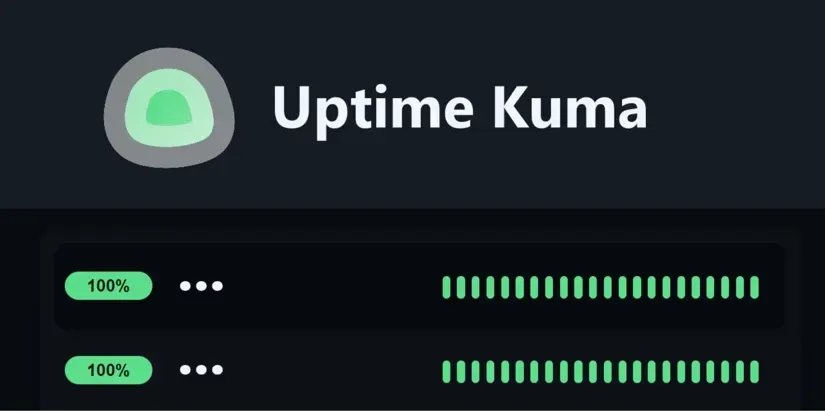Logo et interface d'Uptime Kuma, un outil de surveillance de disponibilité, affichant deux services avec un taux de disponibilité de 100% représenté par des barres vertes.