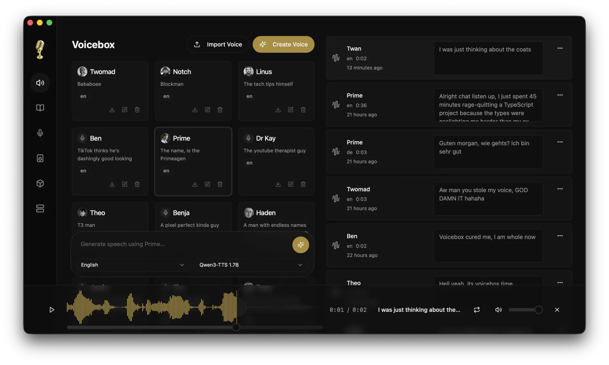 Interface de l'application Voicebox montrant une bibliothèque de voix synthétiques avec des profils d'avatars, un lecteur audio avec forme d'onde en bas, et un historique de conversations générées sur le côté droit.