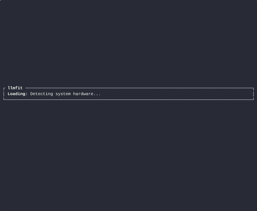 Écran de terminal affichant l'interface de llmfit avec le message "Loading: Detecting system hardware..." sur fond sombre.