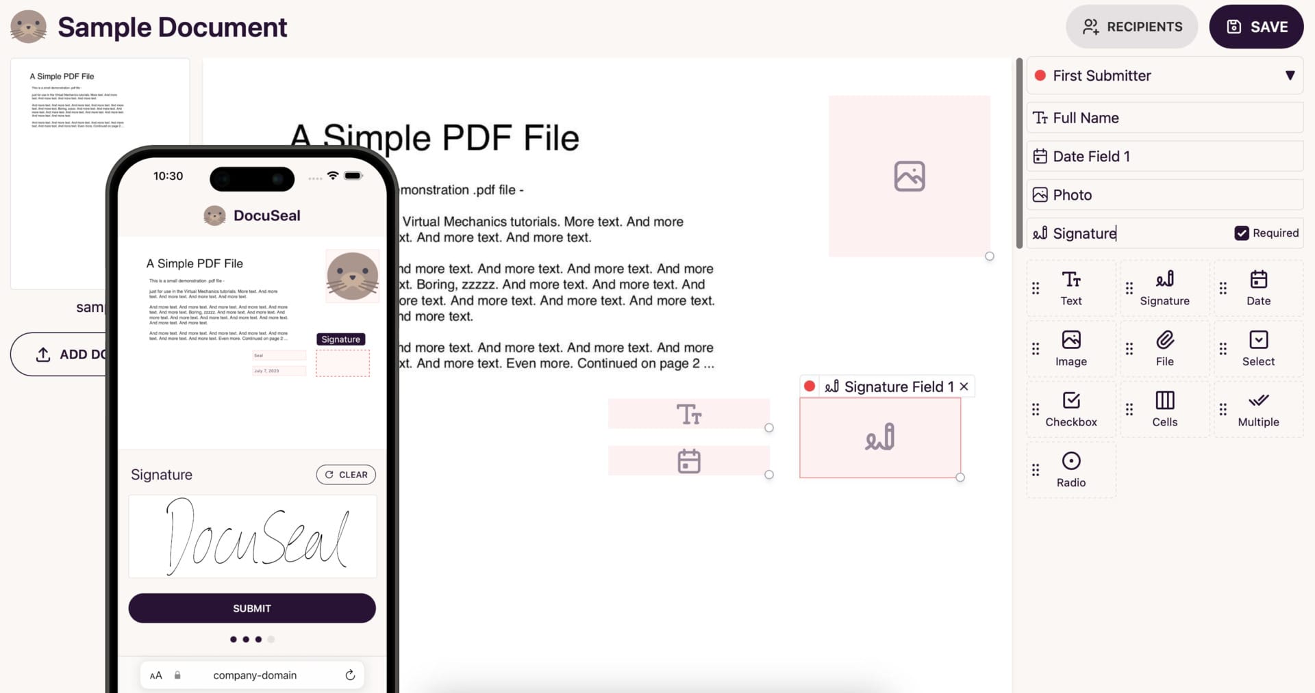 Interface de DocuSeal, une alternative open source à DocuSign, montrant un éditeur de documents PDF avec des champs de formulaire (signature, nom, date) sur ordinateur et l'aperçu de la signature manuscrite sur mobile.