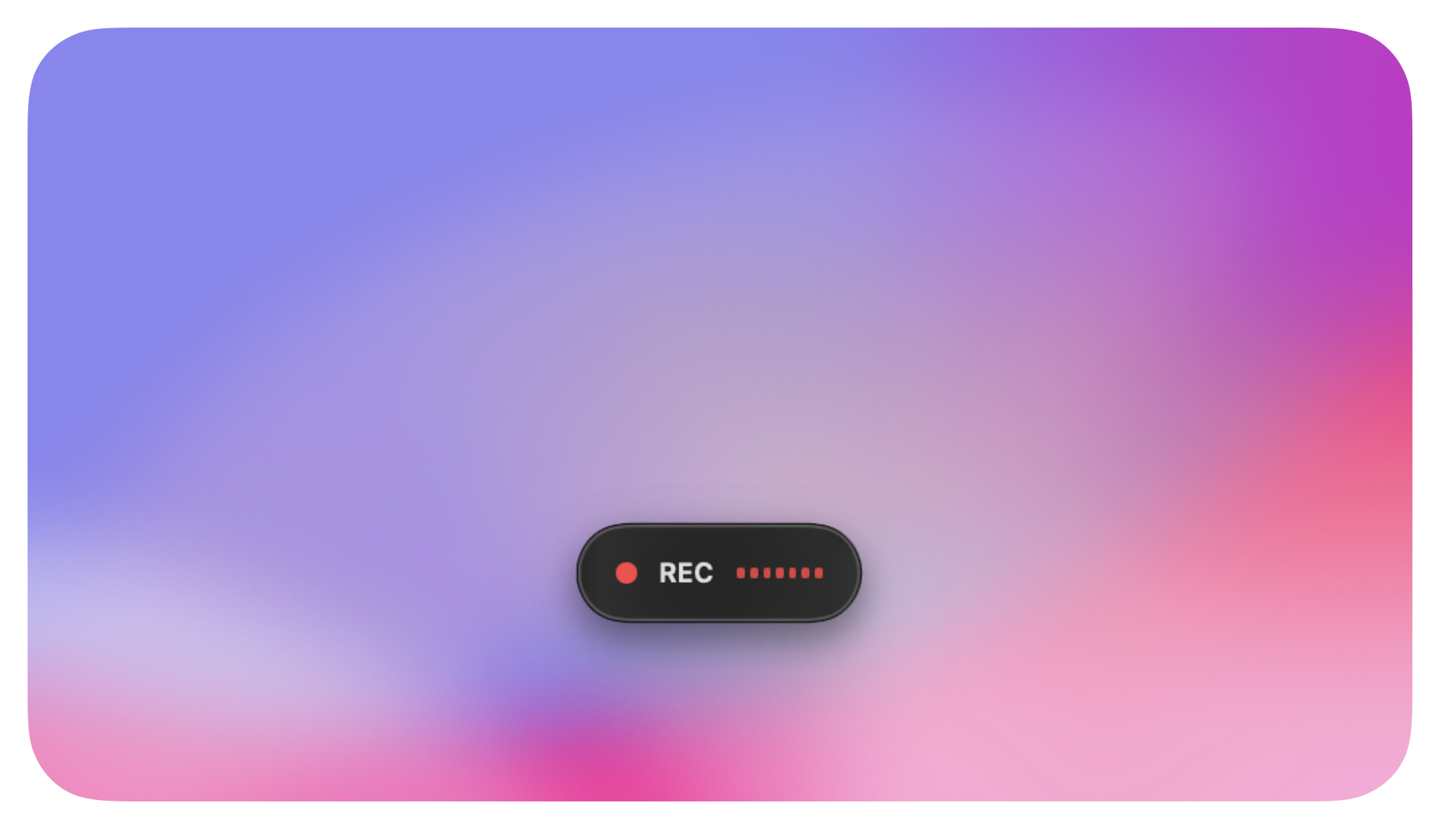 Interface d'enregistrement audio avec un bouton "REC" rouge et un indicateur de niveau sonore sur fond dégradé violet-rose, représentant l'application Petal pour macOS.
