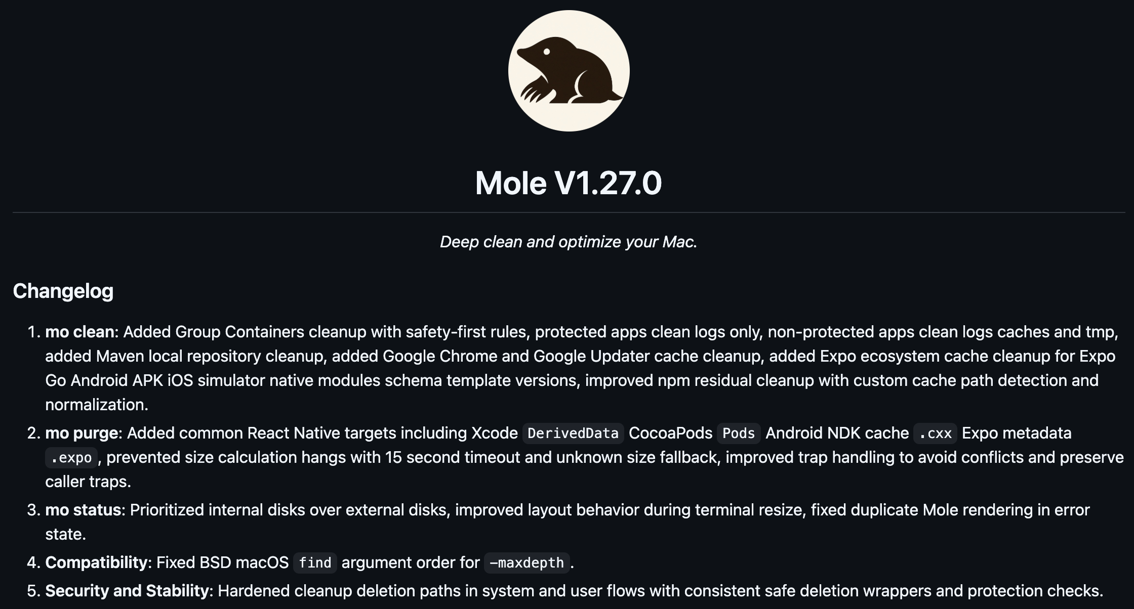 Page de présentation de Mole V1.27.0, application de nettoyage et optimisation pour Mac, affichant son logo (une taupe stylisée) et le changelog détaillé des nouvelles fonctionnalités de cette version.
