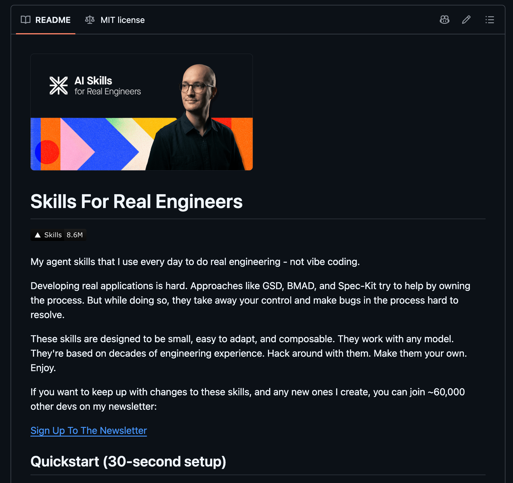 Capture d'écran du README GitHub du projet **"AI Skills for Real Engineers"** de Matt Pocock, présentant une collection de compétences d'agent IA modulaires et composables pour le développement logiciel professionnel, avec plus de 8,6 millions d'étoiles.