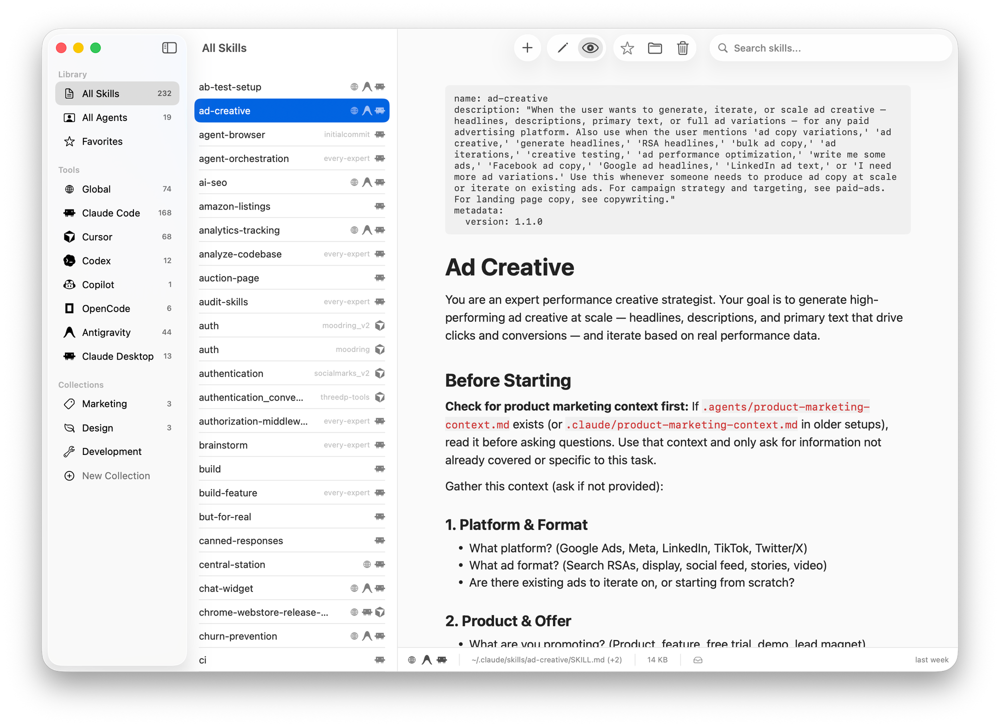 Chops est une application macOS pour organiser et gérer les compétences des agents IA à travers plusieurs outils comme Claude Code et Cursor. Elle offre un éditeur intégré, la recherche en texte intégral et la synchronisation en temps réel des modifications.