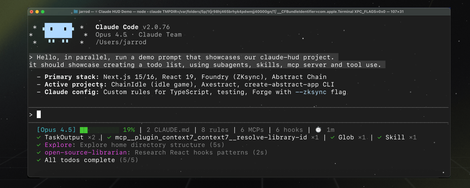 Terminal affichant Claude Code v2.0.76 avec une démonstration du projet claude-hud, montrant la progression de tâches d'une todo list avec des agents, compétences et utilisation d'outils en temps réel.