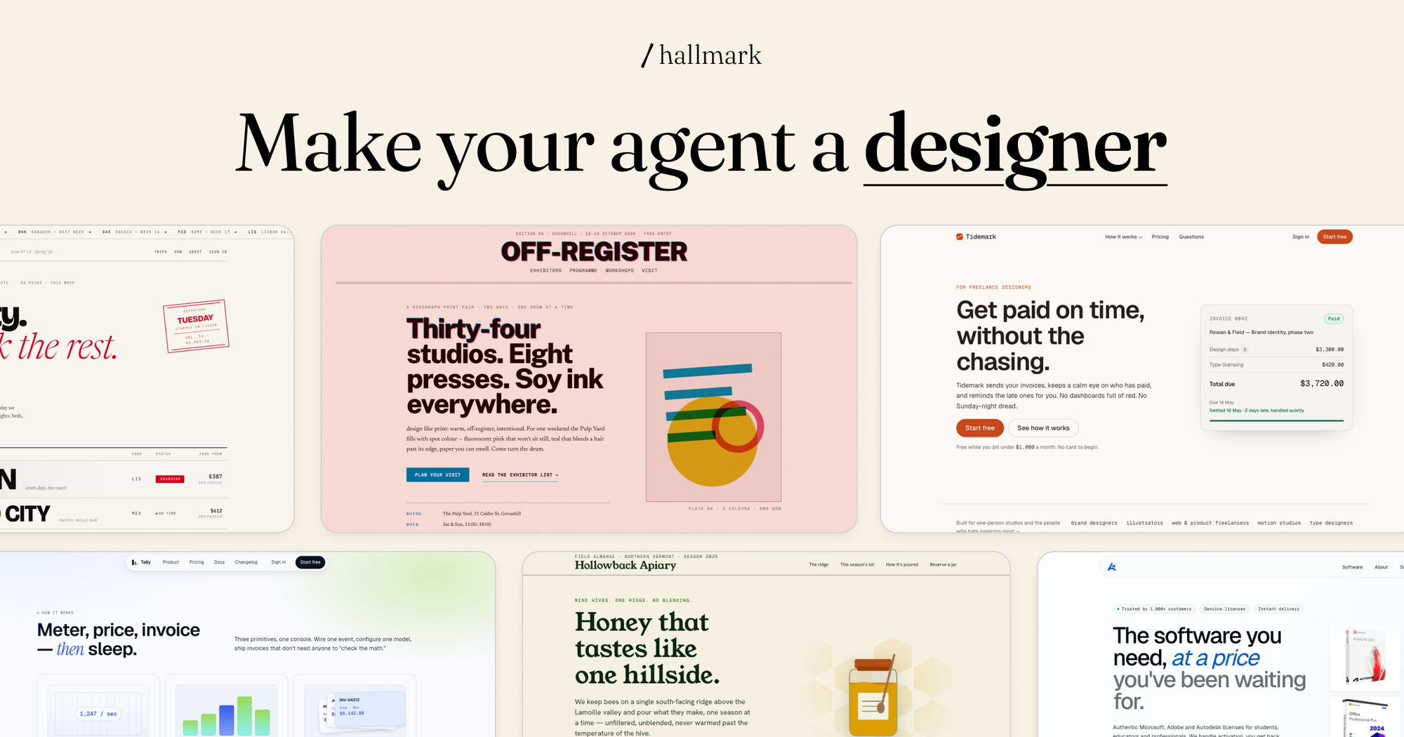 Capture d'écran promotionnelle de Hallmark, un outil de design pour agents IA, présentant plusieurs exemples de sites web aux mises en page soignées et typographies élégantes, avec le slogan « Make your agent a designer ».