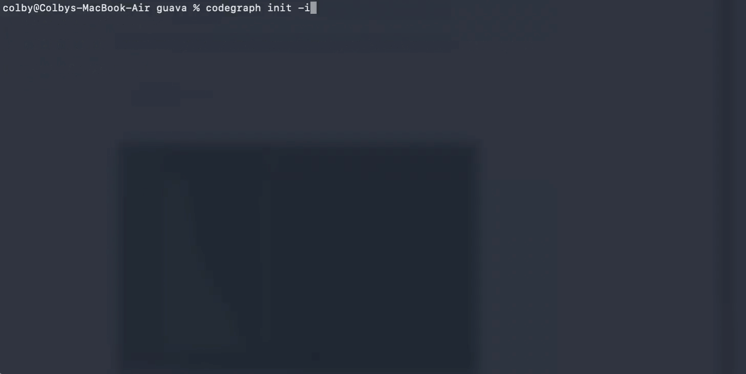 Capture d'écran d'un terminal macOS montrant l'exécution de la commande `codegraph init -i` dans un répertoire nommé "guava", avec une fenêtre sombre superposée en arrière-plan.