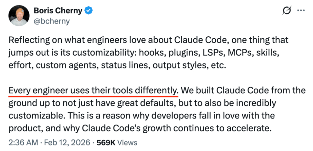 Tweet de Boris Cherny (@bcherny) expliquant que la personnalisabilité de Claude Code (hooks, plugins, agents personnalisés, etc.) est la raison pour laquelle les ingénieurs et développeurs adorent cet outil.