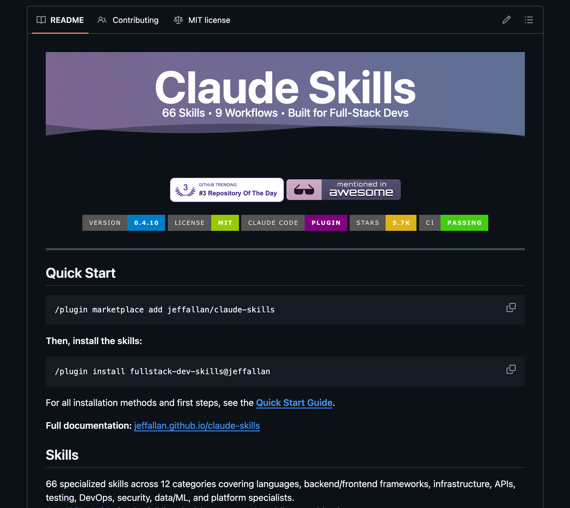 Page README du projet Claude Skills présentant un plugin avec 66 compétences et 9 workflows pour développeurs full-stack, incluant badges de version, licence MIT et instructions d'installation.