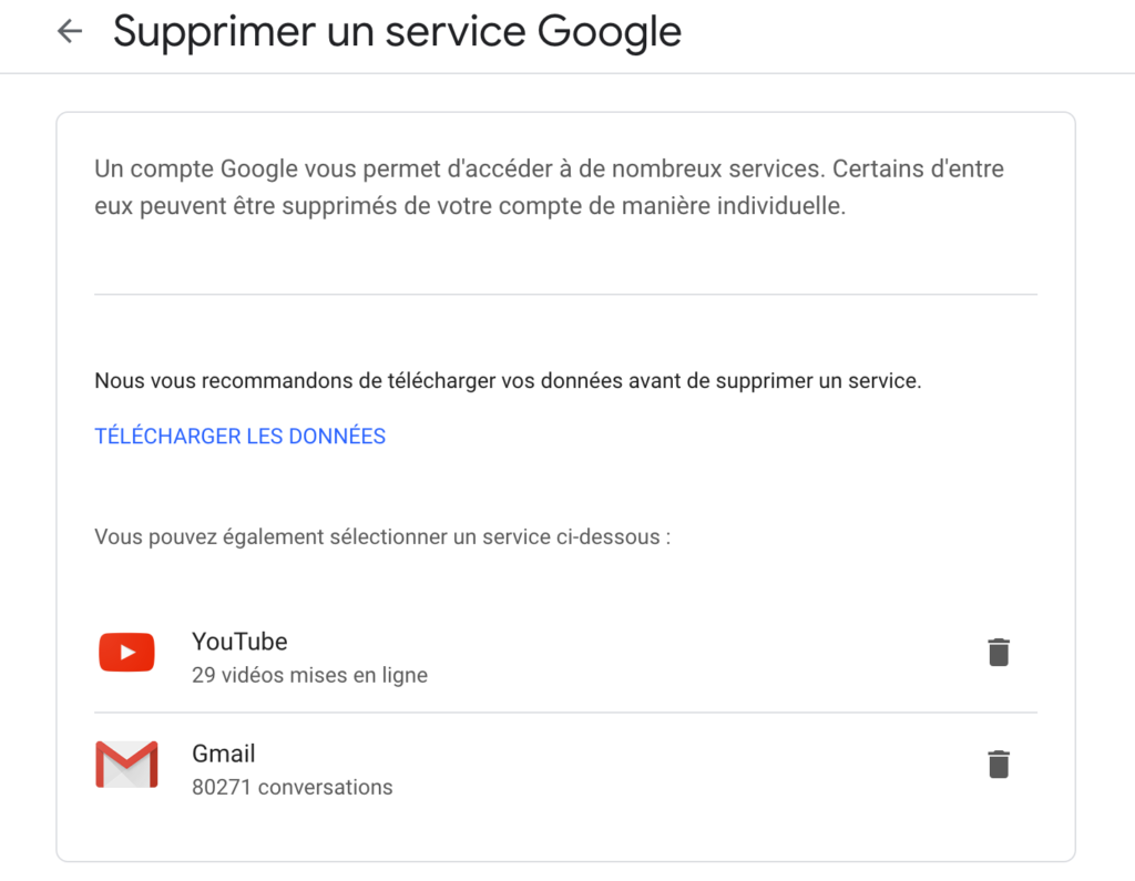 Supprimer un service Google (Gmail ou Youtube)