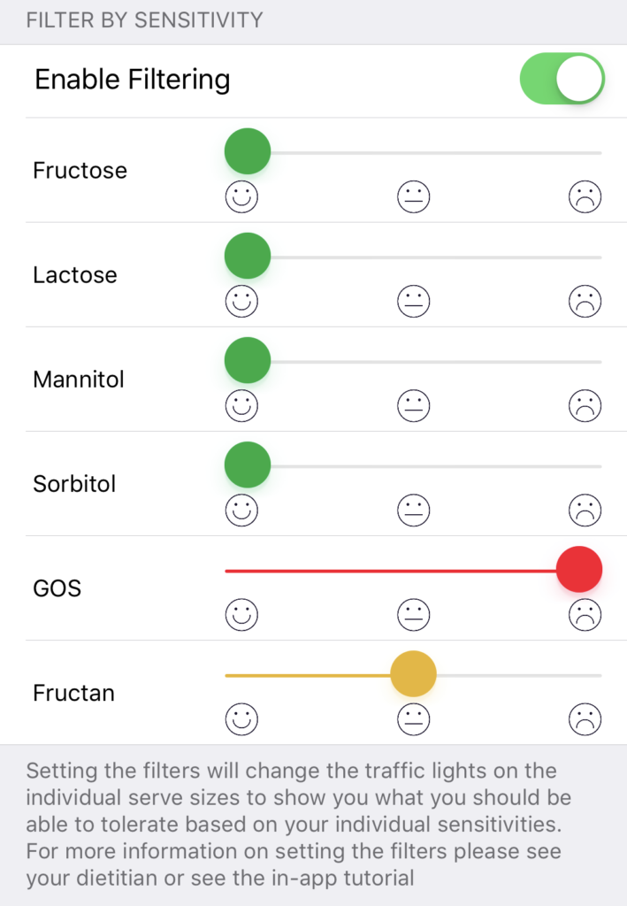 Filtre par sensibilité dans l'application Monash